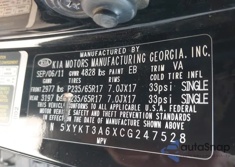 2012 Kia Sorento Lx из США, поврежденный, VIN 5XYKT3A6XCG247528